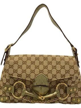 GUCCI GG/Horsebit 131474 Dark Brown Beige Gold Jacquard Leather Handbag